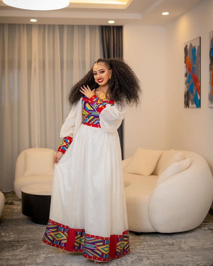 Modern Habesha Kemis with Colorful Geometric Accents – Habesha Dress – Eritrean Dress