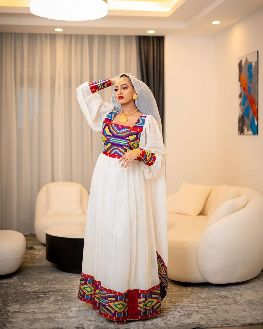 Modern Habesha Kemis with Colorful Geometric Accents – Habesha Dress – Eritrean Dress
