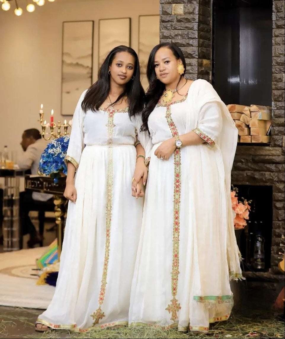 Simple Habesha Kemis with Gold and Colorful Embroidery – Eritrean Dress – Ethiopian Traditional Clothing
