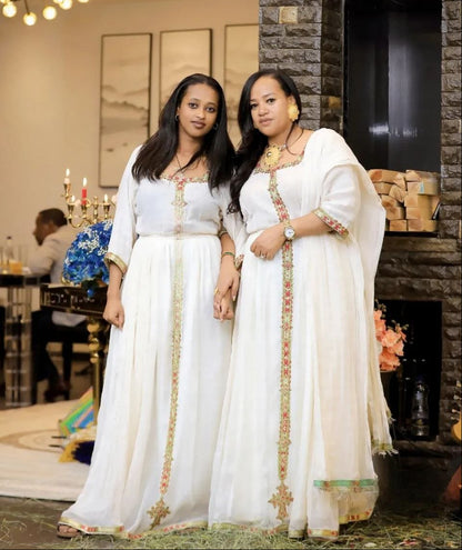 Simple Habesha Kemis with Gold and Colorful Embroidery – Eritrean Dress – Ethiopian Traditional Clothing