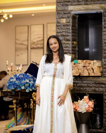 Simple Habesha Kemis with Gold and Colorful Embroidery – Eritrean Dress – Ethiopian Traditional Clothing