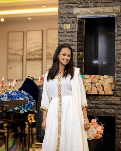 Simple Habesha Kemis with Gold and Colorful Embroidery – Eritrean Dress – Ethiopian Traditional Clothing