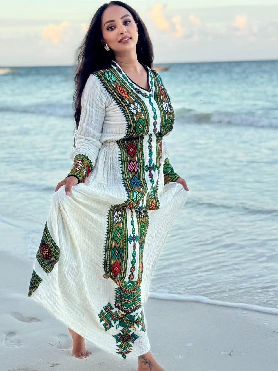 Green Embroidered Habesha Kemis Authentic Ethiopian Traditional Dress 