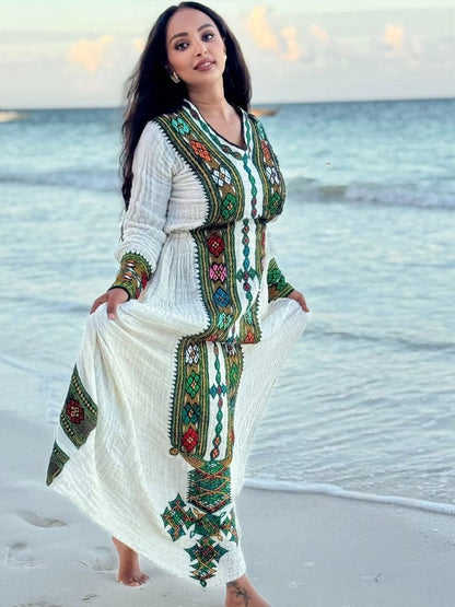 Green Embroidered Habesha Kemis Authentic Ethiopian Traditional Dress 
