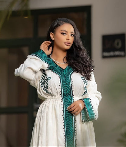 Classic Habesha Kemis with Emerald Green Embroidery Cultural Ethiopian Dress