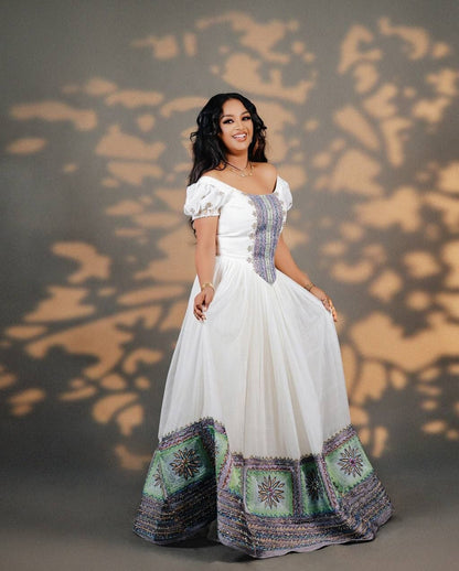 Breathtaking Ethiopian Wedding Dress Vibrant Blue Embroidered Habesha Kemis