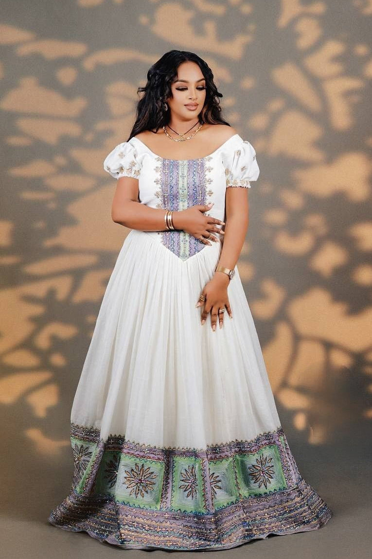 Breathtaking Ethiopian Wedding Dress Vibrant Blue Embroidered Habesha Kemis 