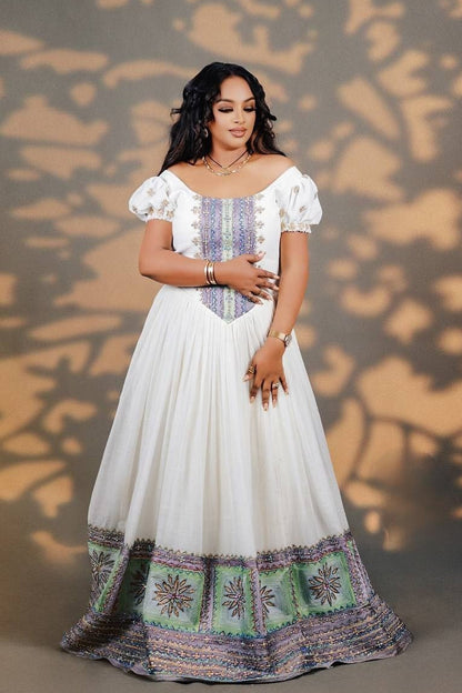 Breathtaking Ethiopian Wedding Dress Vibrant Blue Embroidered Habesha Kemis 