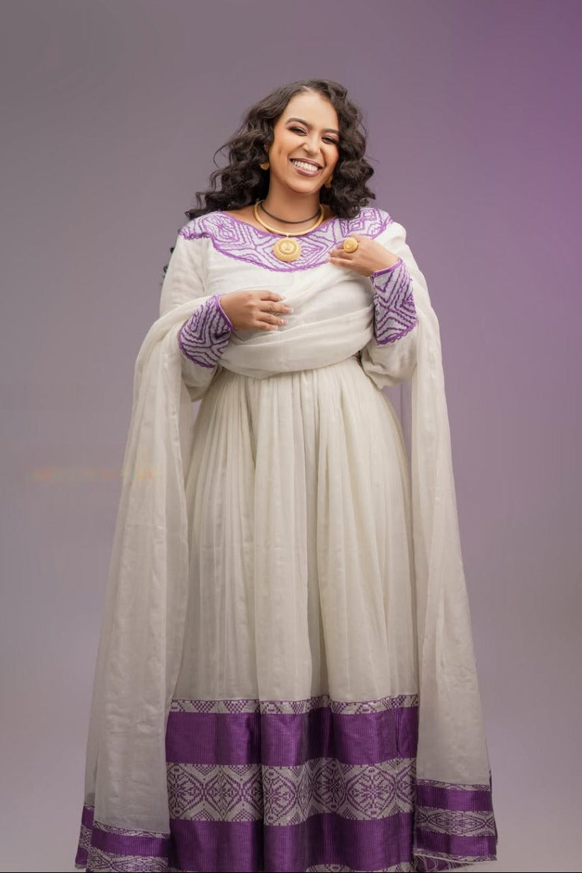 Beautiful Habesha Dress with Purple Embroidery – Handwoven Traditional Ethiopian Kemis