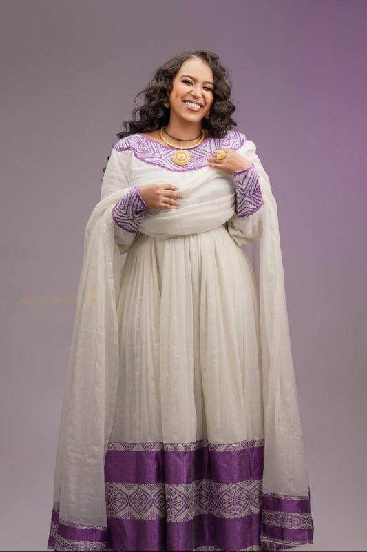 Beautiful Habesha Dress with Purple Embroidery – Handwoven Traditional Ethiopian Kemis