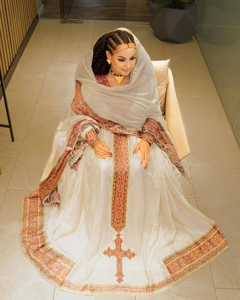 Exquisite White Habesha Kemis with Gold & Brown embroidery – Ethiopian Cultural Dress