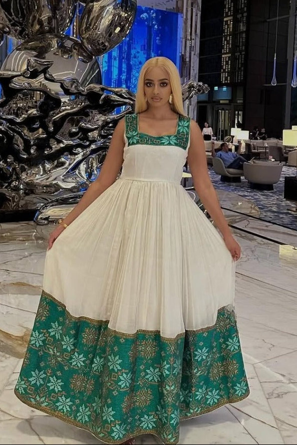 Striking Green & Gold Habesha Kemis Elegant Ethiopian Traditional Dress 