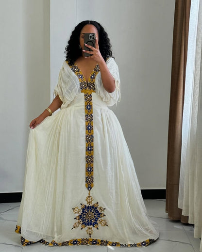 Elegant Habesha Kemis with Blue and Gold Embroidery – Habesha Dress – Ethiopian Traditional Clothing
