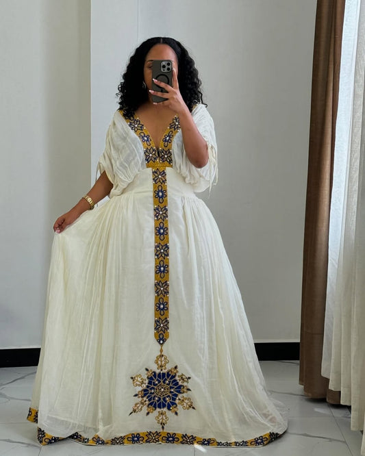 Elegant Habesha Kemis with Blue and Gold Embroidery – Habesha Dress – Ethiopian Traditional Clothing
