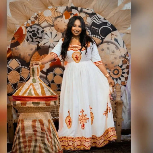 Elegant Habesha Kemis with Red Accents – Habesha Dress – Eritrean Clothing – Habesha Clothing
