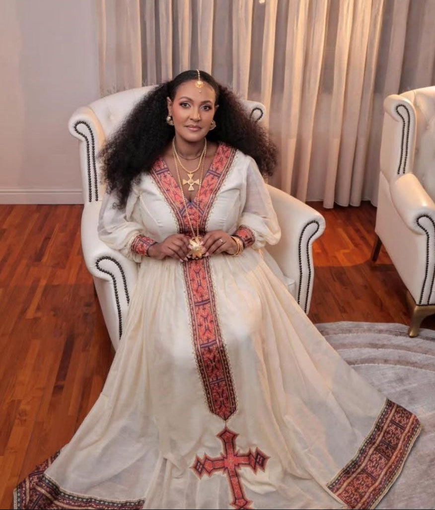 Elegant Traditional Ethiopian Dress with Pink Cross Embroidery – Habesha Clothing – Ethiopian Dress – Ethiopian Traditional Clothing

