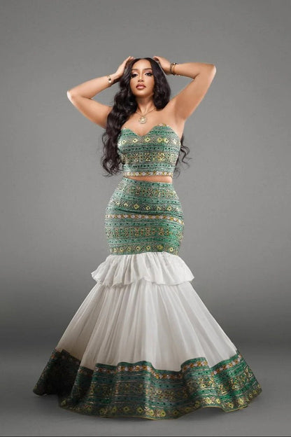 Elegant Strapless Modern Habesha Dress with Green and Gold Design for special occasion
