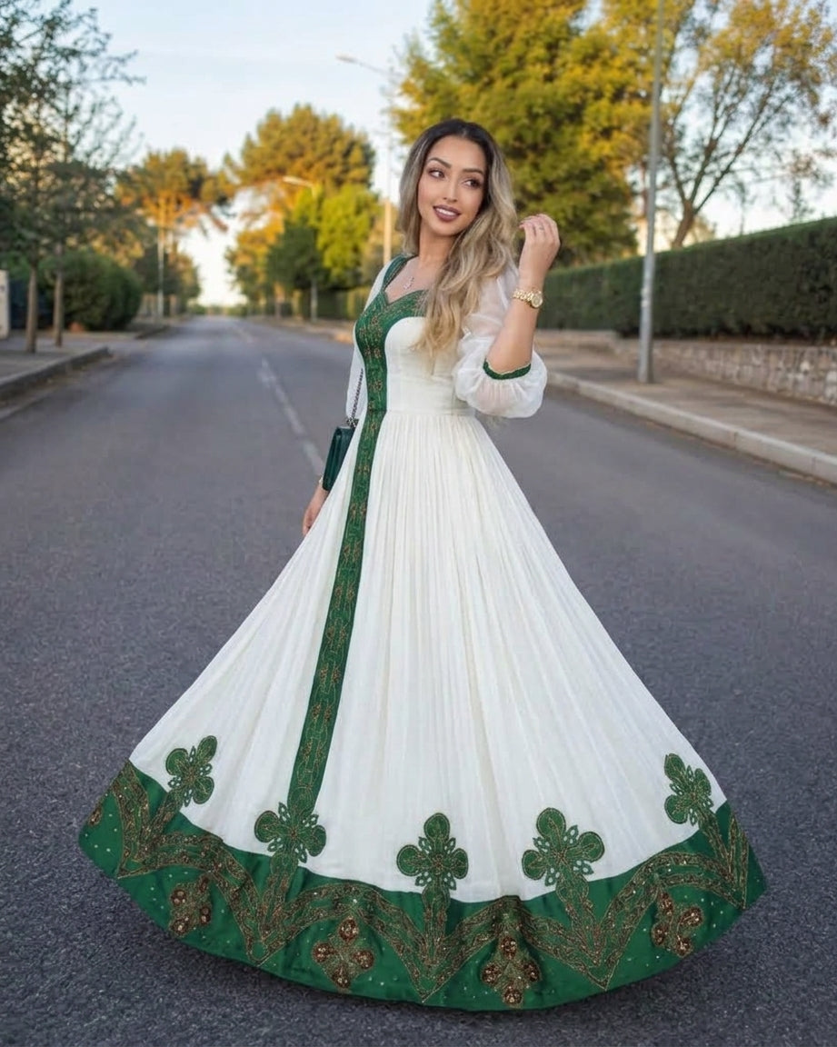 AI-Generated Puff-Sleeve Emerald-Green & Gold Habesha Kemis Romantic Ethiopian Dress 1183