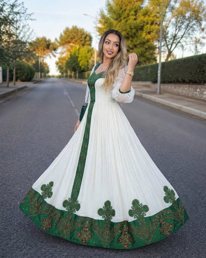 AI-Generated Puff-Sleeve Emerald-Green & Gold Habesha Kemis Romantic Ethiopian Dress 1183