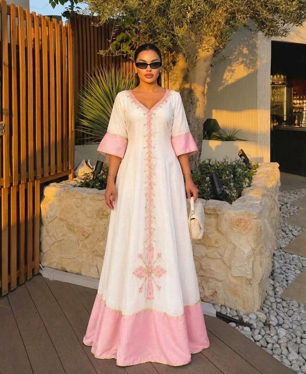AI-Generated Bell-Sleeve Soft Pink & White Habesha Kemis Pastel Ethiopian Dress Concept  1313