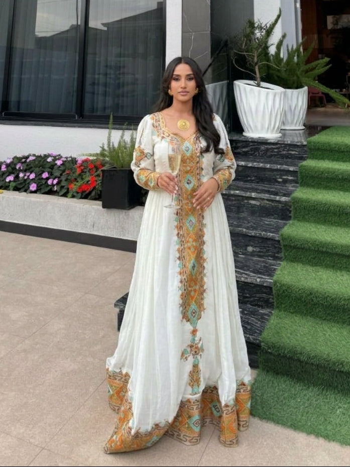 Royal Amber & Turquoise Diamond Embroidered Habesha Dress Long-Sleeve Ethiopian Dress with Central Tapestry Column 1315