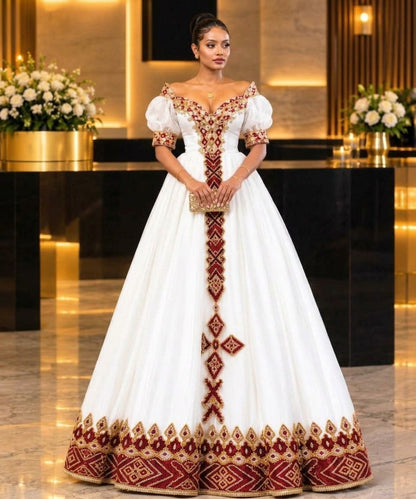 AI-Generated Off-The-Shoulder Crimson & Gold Geometric Habesha Kemis Royal Ethiopian Dress 1264