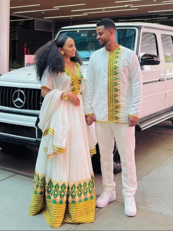 Emerald Gold Diamond Habesha Couples Attire Matching Ethiopian Wedding Sets 1087