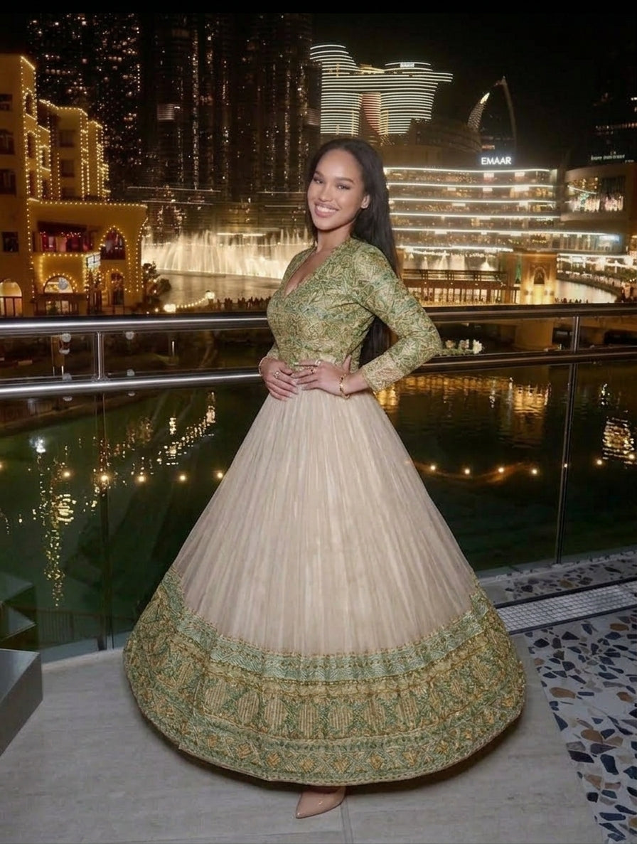 AI-Generated Long-Sleeve Ethiopian Dress Olive-Gold Woven Habesha Kemis Graceful Habesha Dress 1170