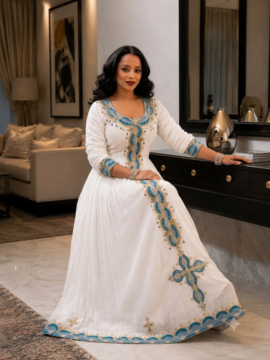 Majestic Habesha Kemis Royal Blue and Gold Braided Embroidery Habesha Dress Ethiopian Clothing Cross Motif 994