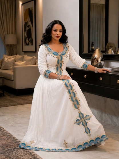 Majestic Habesha Kemis Royal Blue and Gold Braided Embroidery Habesha Dress Ethiopian Clothing Cross Motif 994
