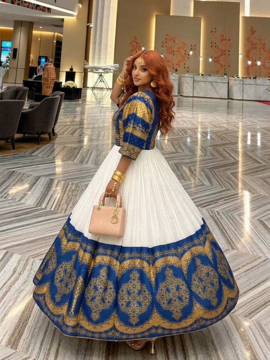 AI-Generated Kimono-Sleeve Royal-Blue & Gold Filigree Habesha Kemis Majestic Ethiopian Wedding Dress  1253