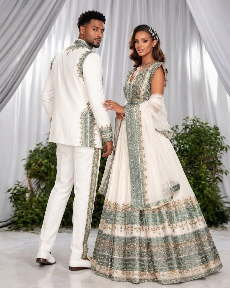 AI-Generated Matching Sage-Green & Silver Habesha Couple Attire Ethiopian Couple Outfit 1224
