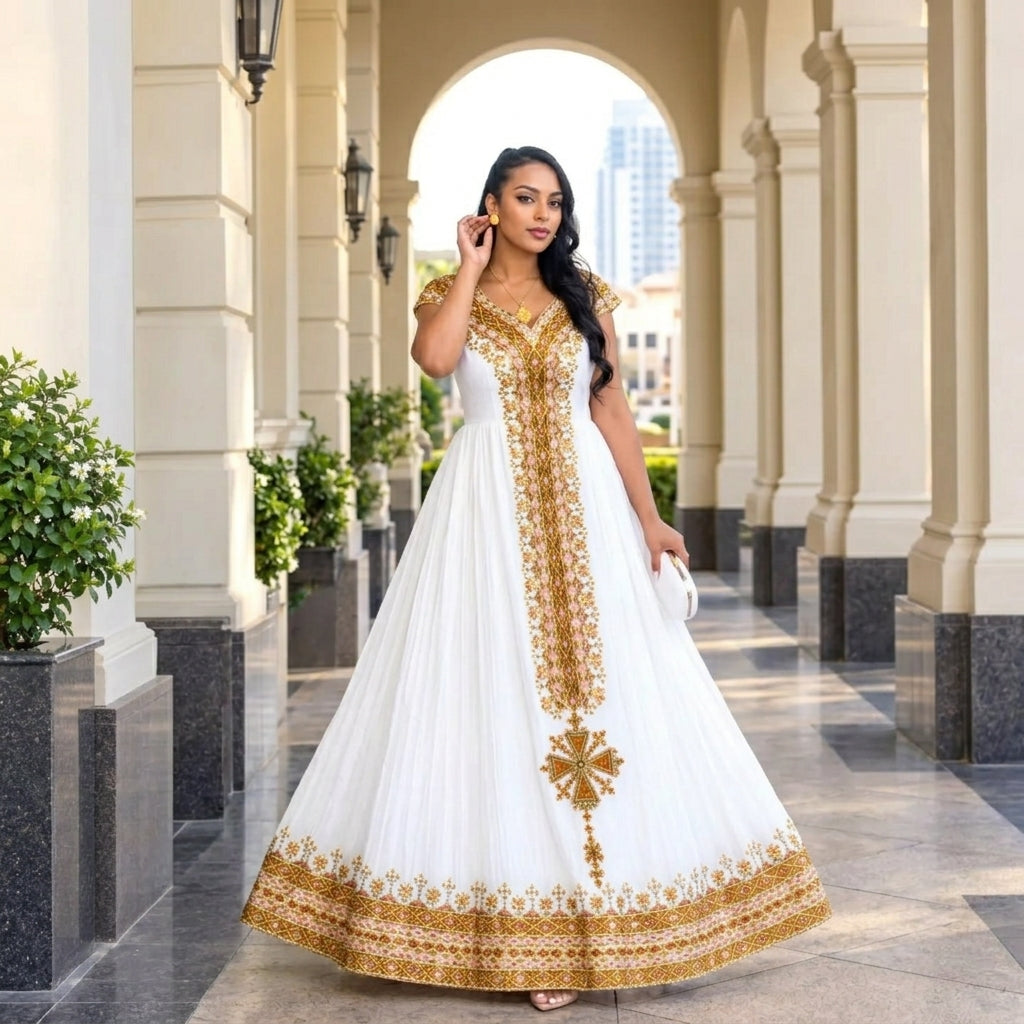 AI-Generated Short-Sleeve Honey-Gold & Blush Geometric Habesha Kemis Ethiopian Dress 1295