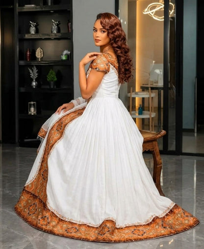 AI-Generated Short-Sleeve Ethiopian Clothing Amber-Bronze Diamond Habesha Kemis Elegant Style 1214