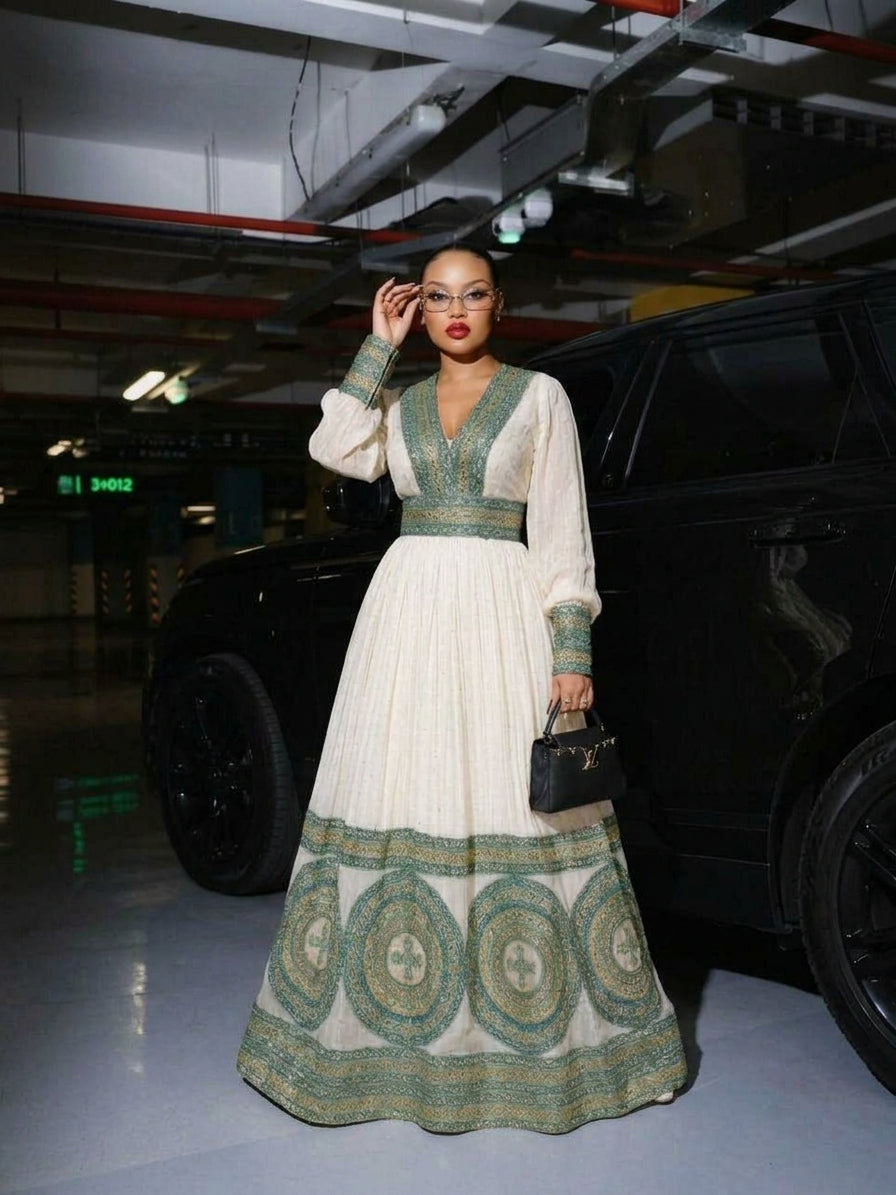 AI-Generated Long-Sleeve Jade-Green & Gold Medallion Habesha Kemis Regal Ethiopian Dress 1244