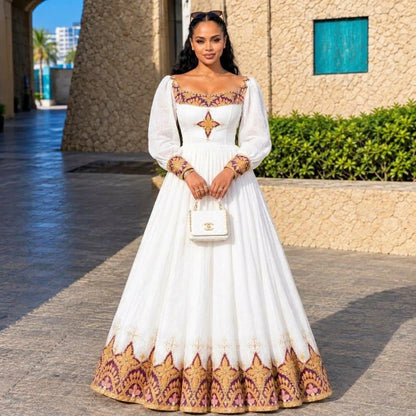 AI-Generated Long-Sleeve Plum & Warm Gold Filigree Habesha Kemis Elegant Ethiopian Dress Concept 1254