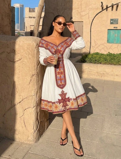 AI-Generated Off-Shoulder Knee-Length Terracotta & Ochre Habesha Kemis Modern Ethiopian Dress Concept 1223