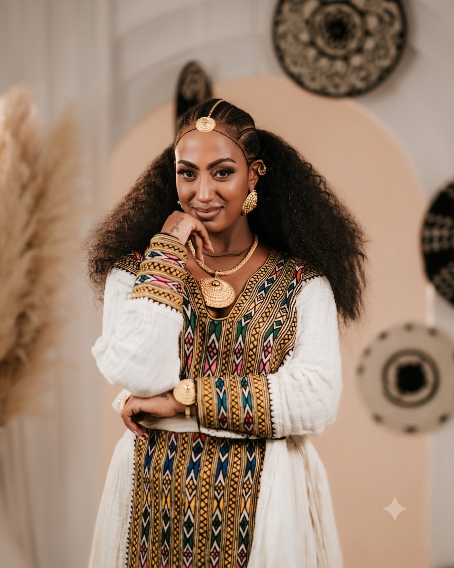 Textured Cream Habesha Kemis Ornate Multi-Colored V-Neck Habesha Dress 971