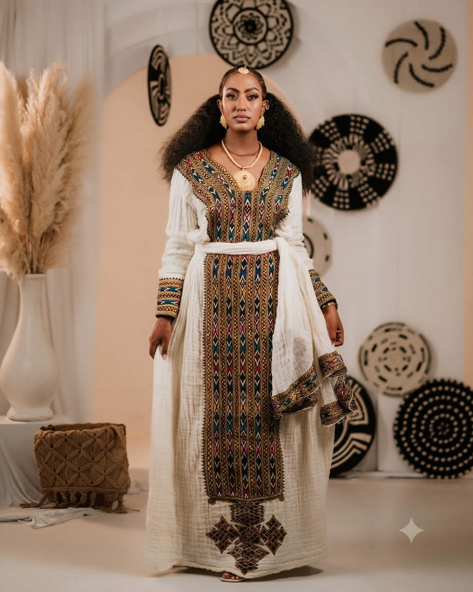 Textured Cream Habesha Kemis Ornate Multi-Colored V-Neck Habesha Dress 971