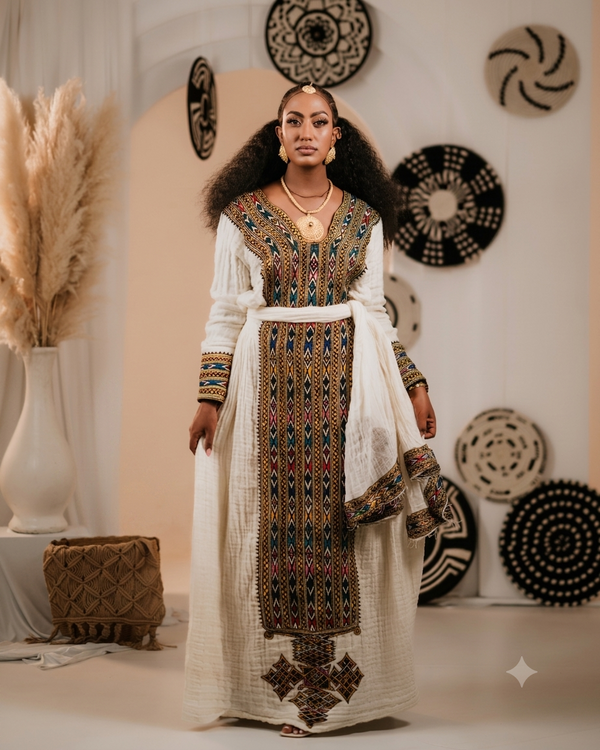 Textured Cream Habesha Kemis Ornate Multi-Colored V-Neck Habesha Dress 971