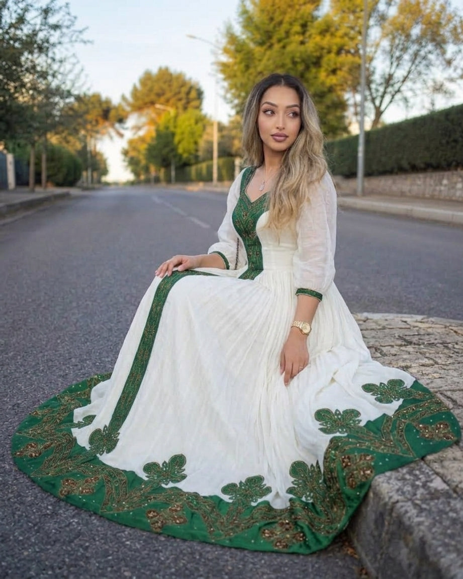 AI-Generated Puff-Sleeve Emerald-Green & Gold Habesha Kemis Romantic Ethiopian Dress 1183