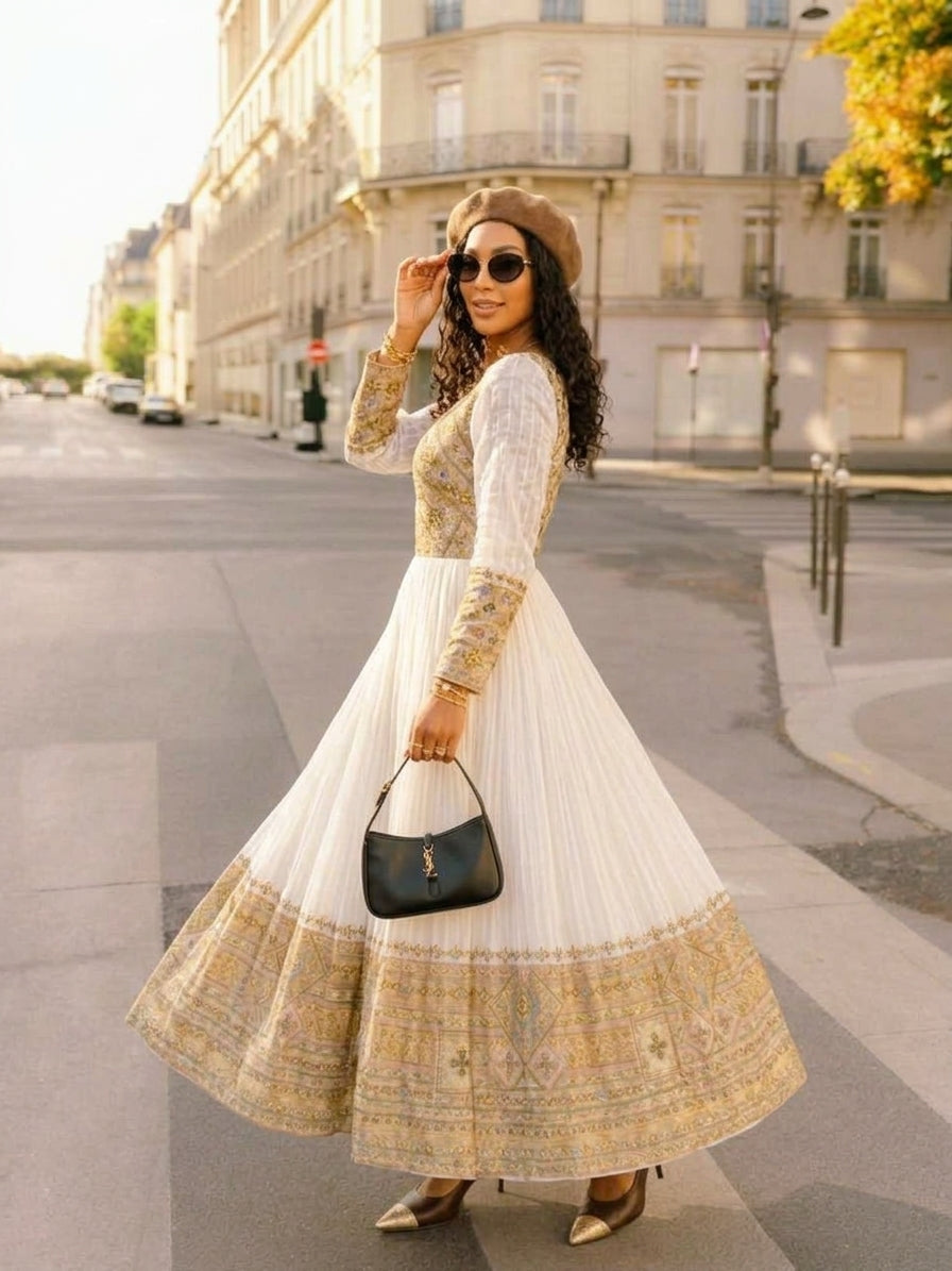 AI-Generated Long-Sleeve Golden-Ochre & Pastel Geometric Habesha Kemis Chic Parisian-Style Ethiopian Dress Concept 1243