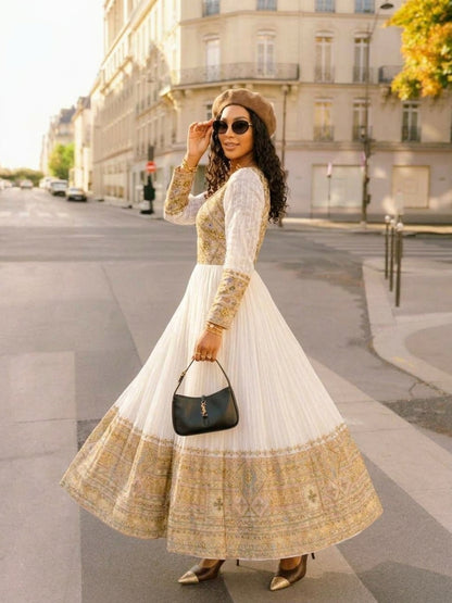 AI-Generated Long-Sleeve Golden-Ochre & Pastel Geometric Habesha Kemis Chic Parisian-Style Ethiopian Dress Concept 1243