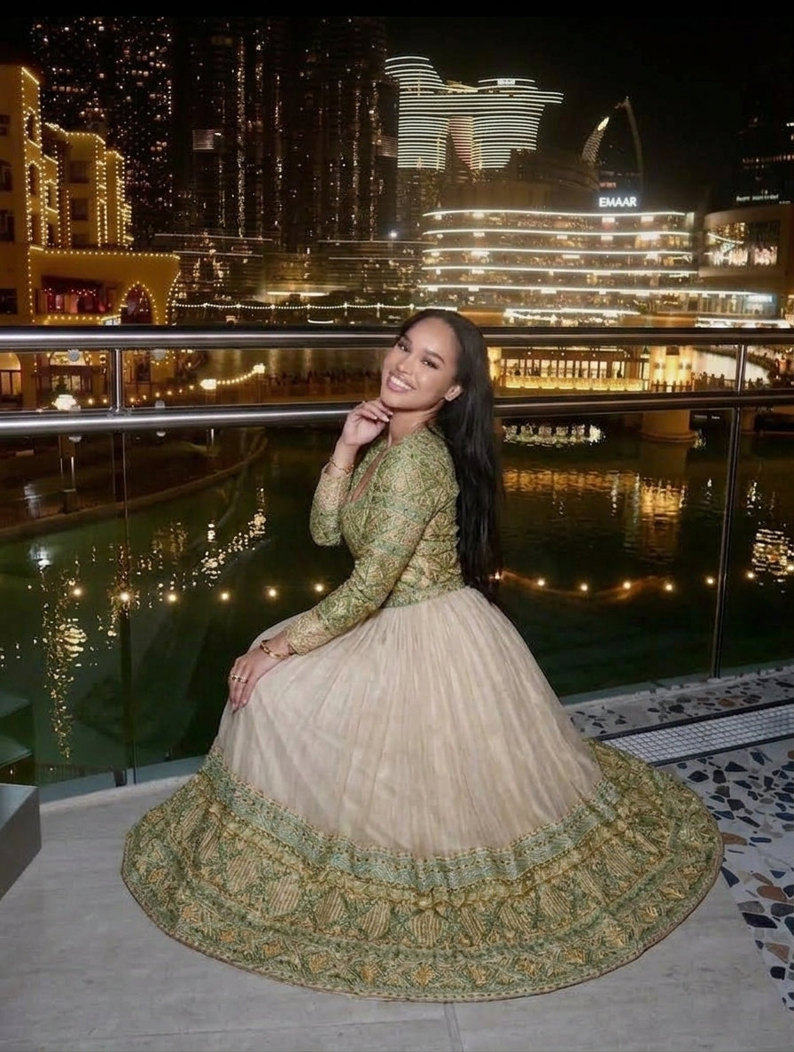 AI-Generated Long-Sleeve Ethiopian Dress Olive-Gold Woven Habesha Kemis Graceful Habesha Dress 1170
