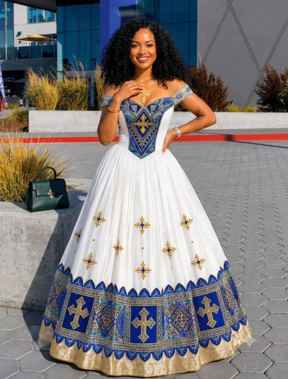AI-Generated Off-Shoulder Royal Blue & Gold Cross Habesha Kemis Graceful Ethiopian Clothing 1165