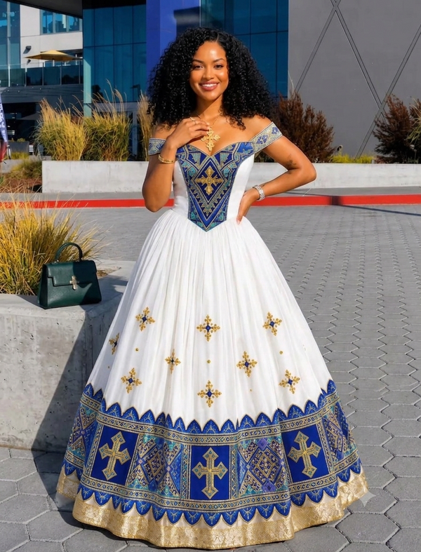 AI-Generated Off-Shoulder Royal Blue & Gold Cross Habesha Kemis Graceful Ethiopian Clothing 1165