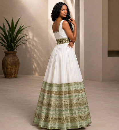 AI-Generated Sleeveless Sage-Green & Bronze Banded Habesha Kemis Serene Ethiopian Dress Concept 1203