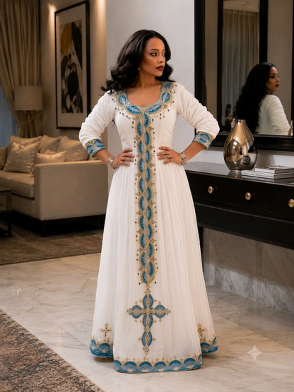 Majestic Habesha Kemis Royal Blue and Gold Braided Embroidery Habesha Dress Ethiopian Clothing Cross Motif 994