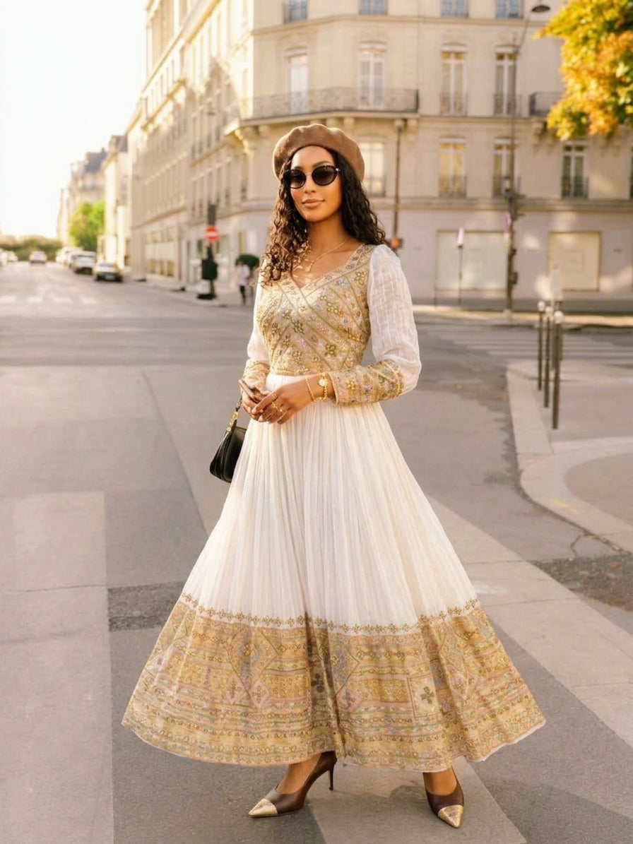 AI-Generated Long-Sleeve Golden-Ochre & Pastel Geometric Habesha Kemis Chic Parisian-Style Ethiopian Dress Concept 1243