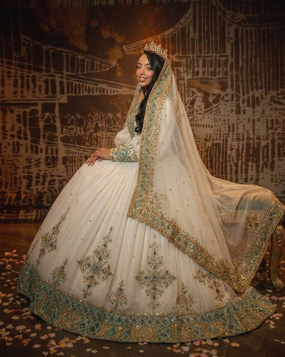 AI-Generated Regal Gold and Teal-Embroidered Habesha Kemis Graceful Ethiopian Clothing for Wedding 1159